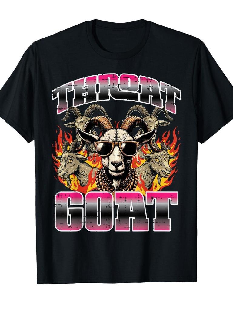 Mens Fun Printed Throat Goat Pattern Tshirt Black Retro Pink and Red Bold Print Adorned with Goat Earphone Pattern