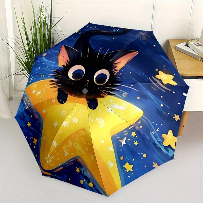 1pc Star Cat Automatic Open 8-Rib Windproof Umbrella, Travel & Commuting, Suitable for All Seasons, Lightweight Portable,026