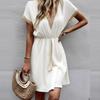 Spring V-Neck Smocked Dress - Lace Trim Short Sleeve Solid