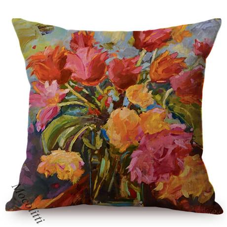 Multicolor Flowers Oil Painting Style Cotton Linen Pillow Case Rose Sunflower Violet Vase Sofa Decoration Cushion Cover Cojines