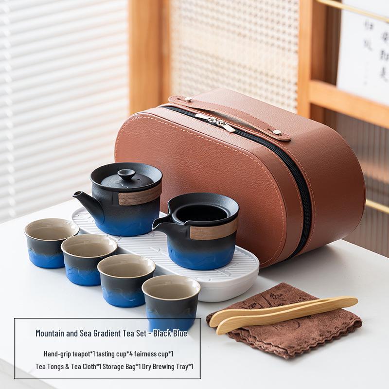 Elegant Portable Ceramic Tea Set with Wooden Tray: 1 Teapot & 4 Cups for Outdoor Adventures