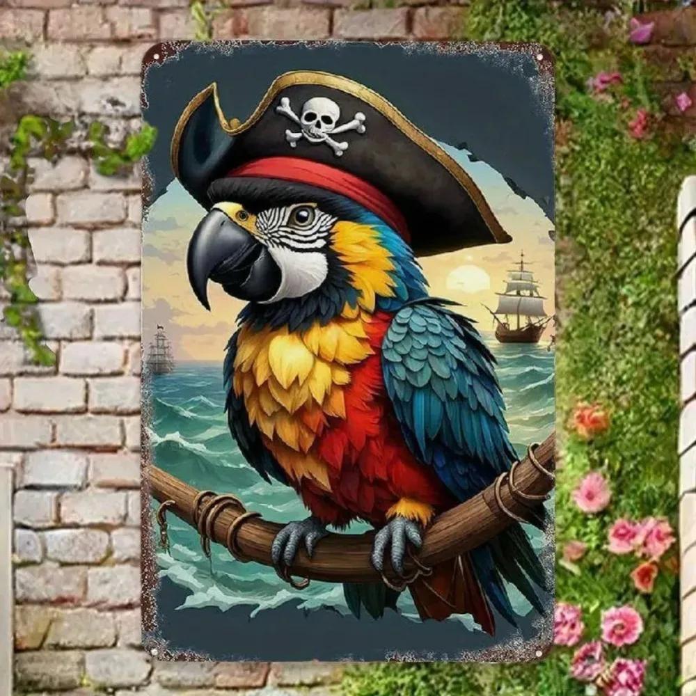Vintage Pirate Parrot Metal Wall Sign Colorful Retro Decor with Parrot Ocean Scenes