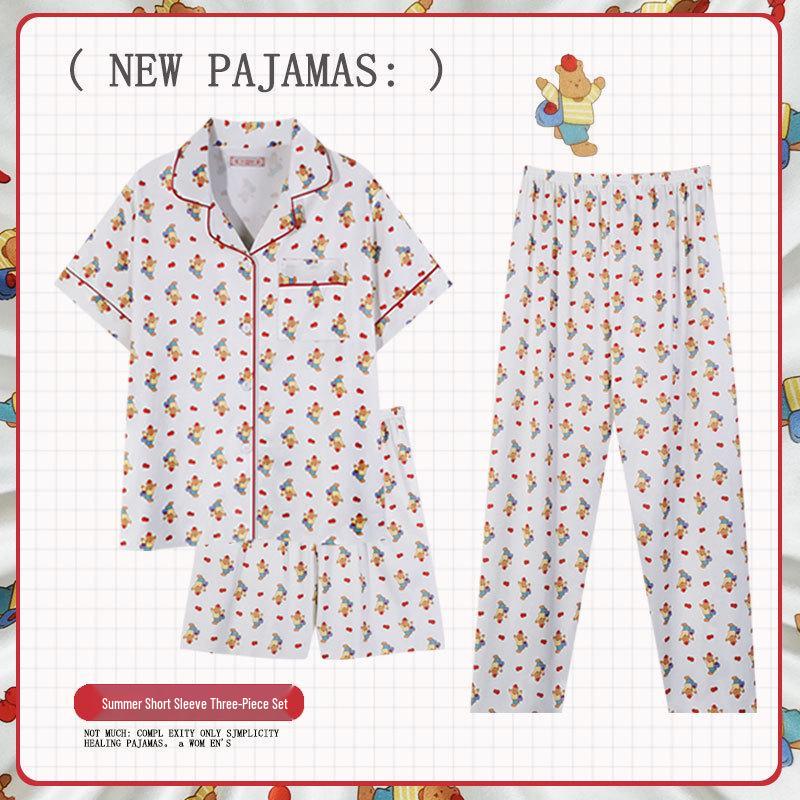 Pastoral Women's Pajama Set: Soft, Cute Rabbit Design, Short-Sleeve, Casual Three-Piece Loungewear.