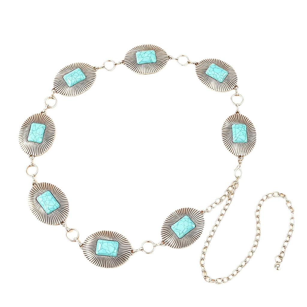 Bohemian Silver Turquoise Waist Chain - Retro Ethnic Belt for Dresses