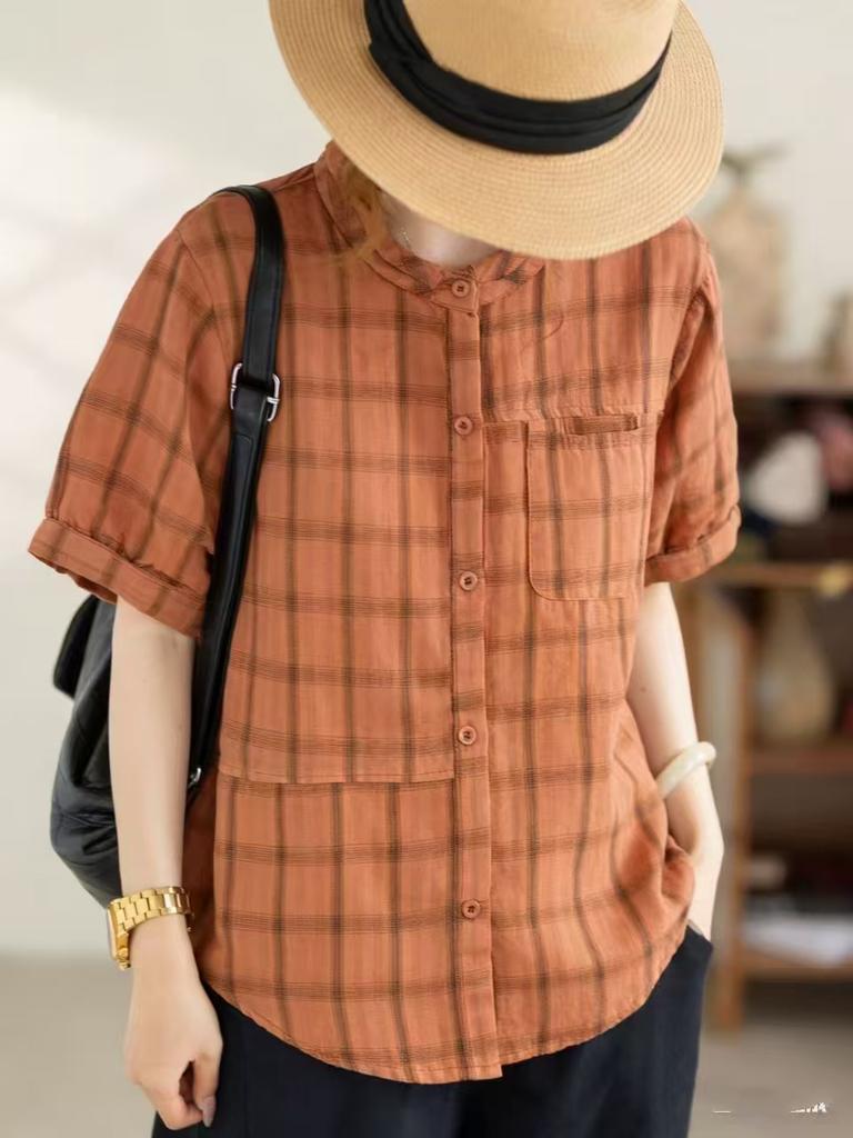 DIMANAF 2026 Plus Size Summer Women Blouse Shirts Tunic Oversize Loose Casual Cotton Lady Tops Vintage Plaid
