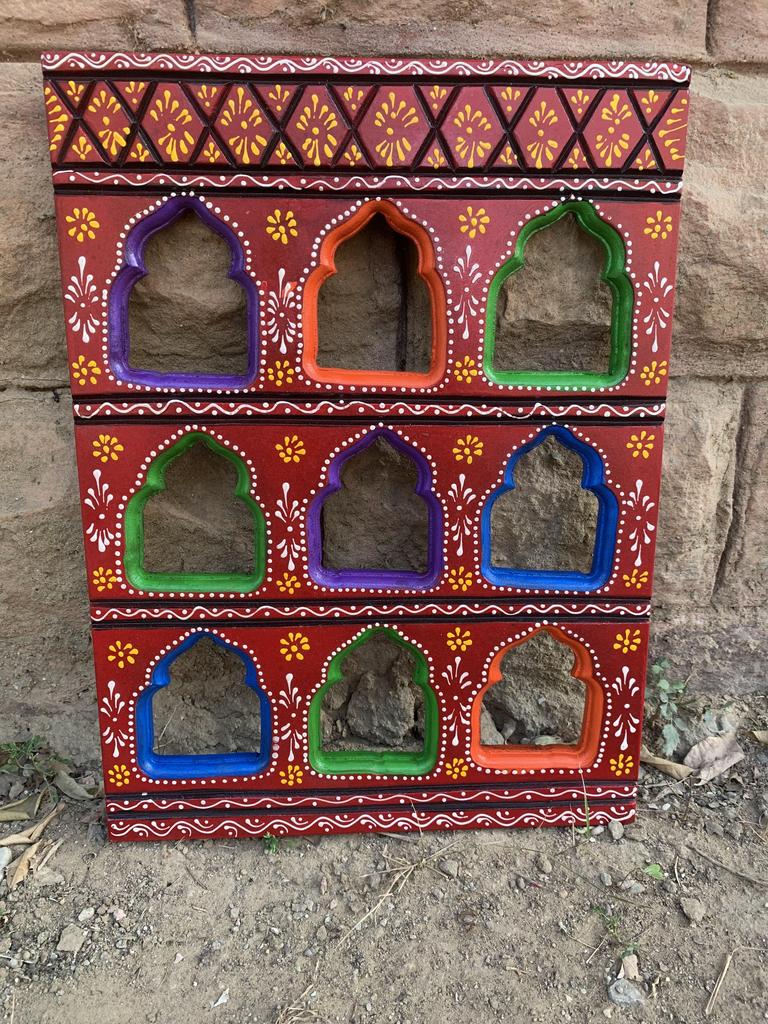 Colorful Hand Painted Wooden Wall Hanging | Indian Jharokha Style Folk Art | Boho Ethnic Home Decor