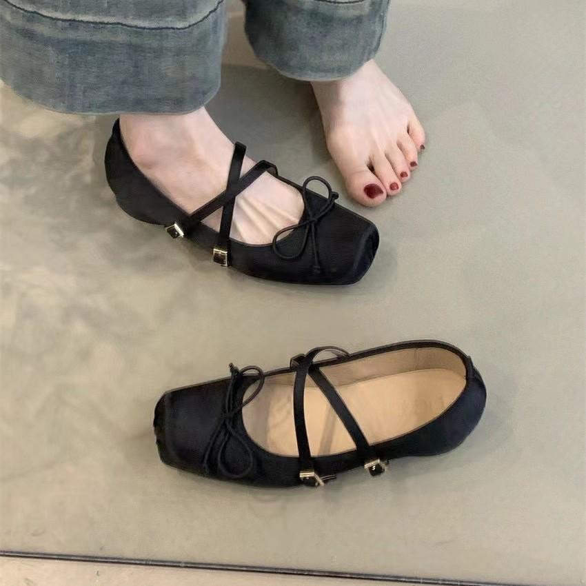 Retro gentle fairy skirt low heel square head bow word belt single shoes women 2025 new ballet style women's shoes