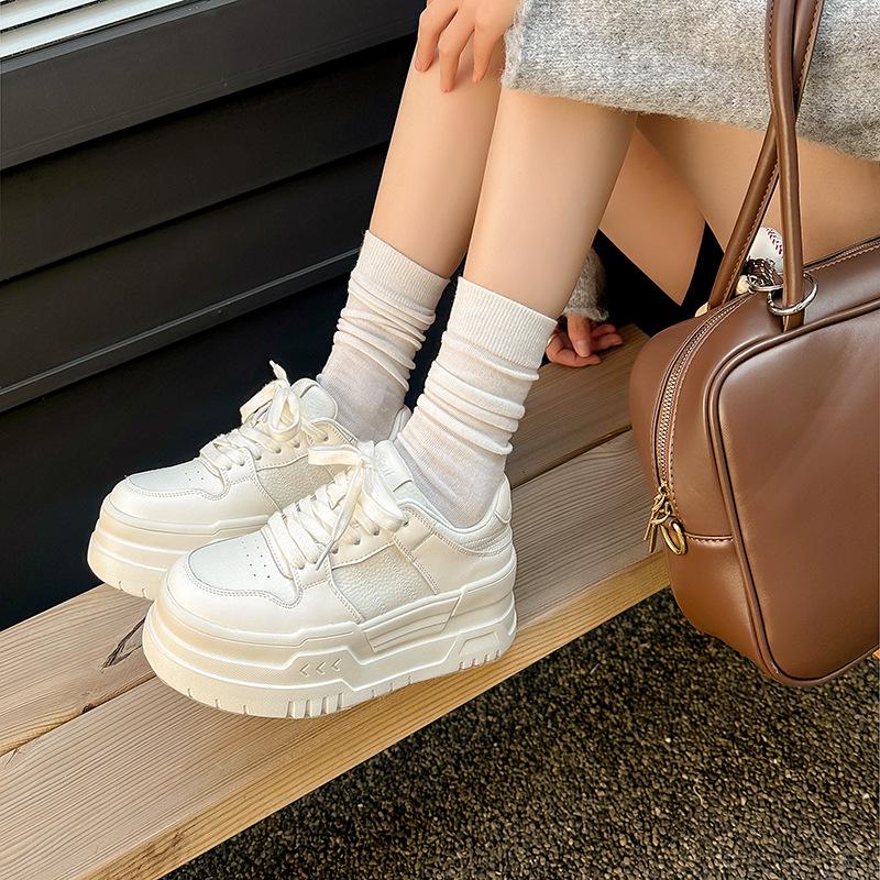 

Cowhide version~ thick-soled little white shoes, new small height-increasing lace-up sports and leisure women s board shoes 40 белый
