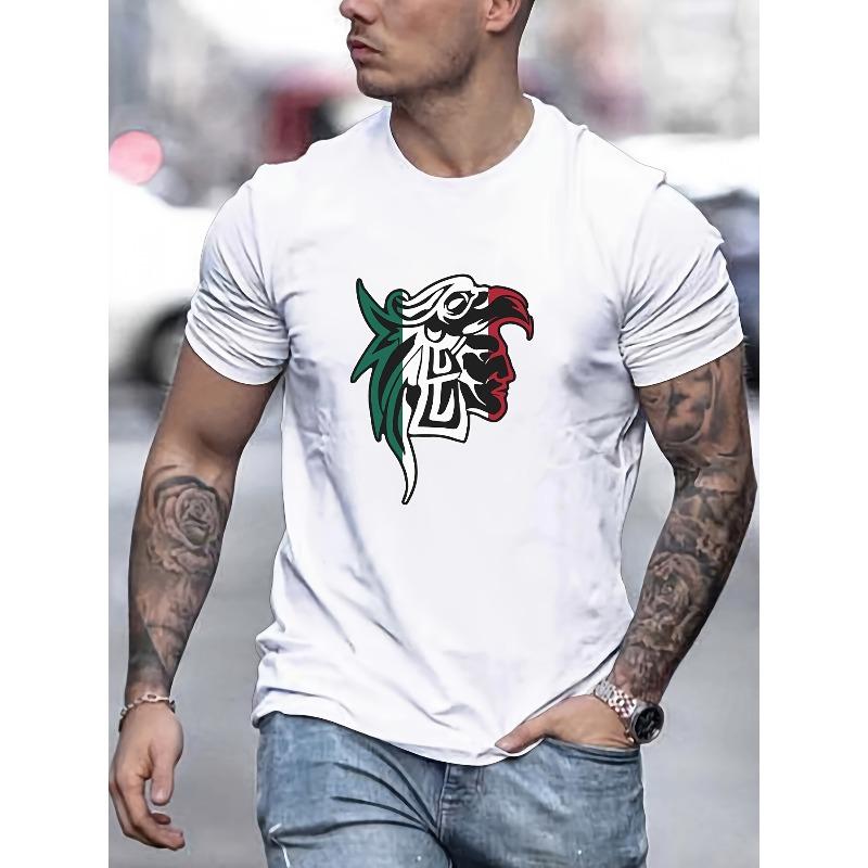 

European sizes Men s Mexican Bird Head Hunter Print Short Sleeve Round Neck T-Shirt for Spring, Summer, and Autumn S белый