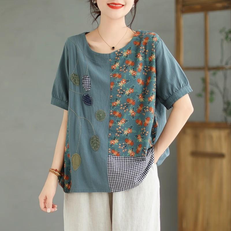 DIMANAF 2024 Verão Plus Size Mulheres Camisetas Estampa Floral Elegante Manga Patchwork Tops Tees Solto Casual Camisa de Linho 91688