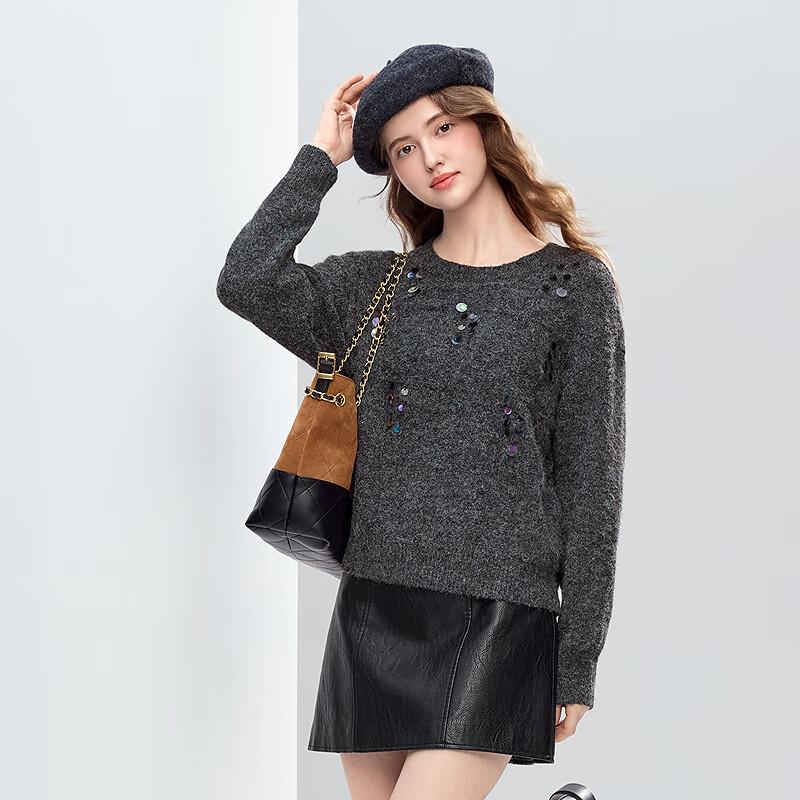 BETU Women's Round Neck Sequin Drop Shoulder Sweater