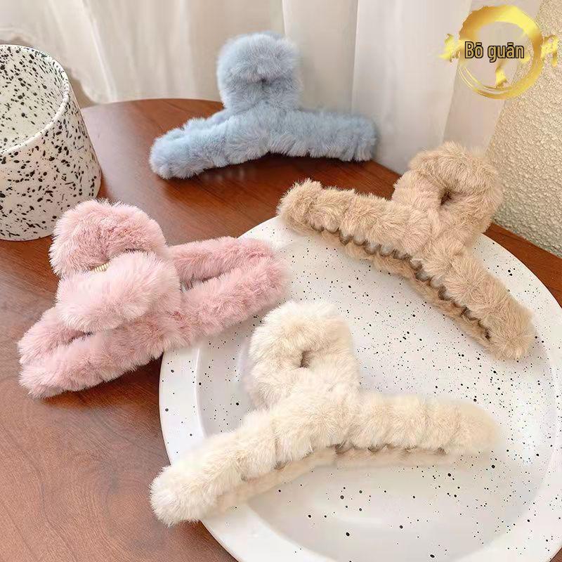 Autumn/Winter Furry Korean Plush Shark Hair Clip - Cute Updo Claw, Cross Clip, One-Word Design