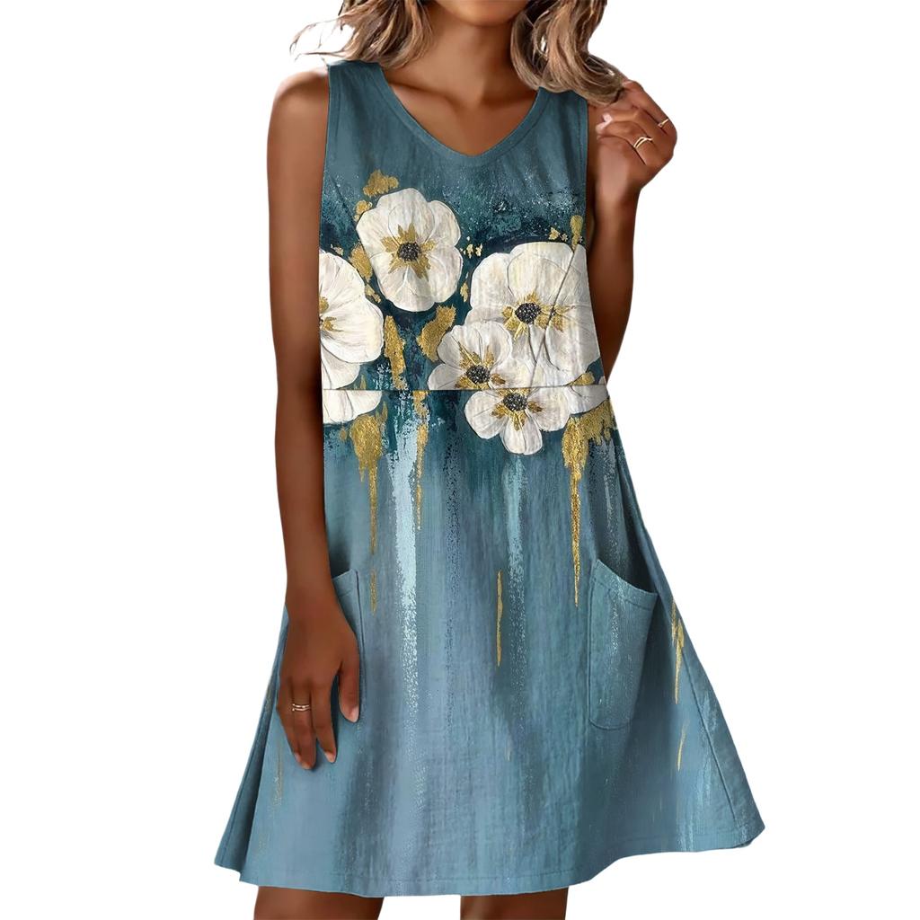 Summer Dresses For Women Loose Beach Vacation Casual Sleeveless V-neck  Sundresses With Pockets Tank Dress