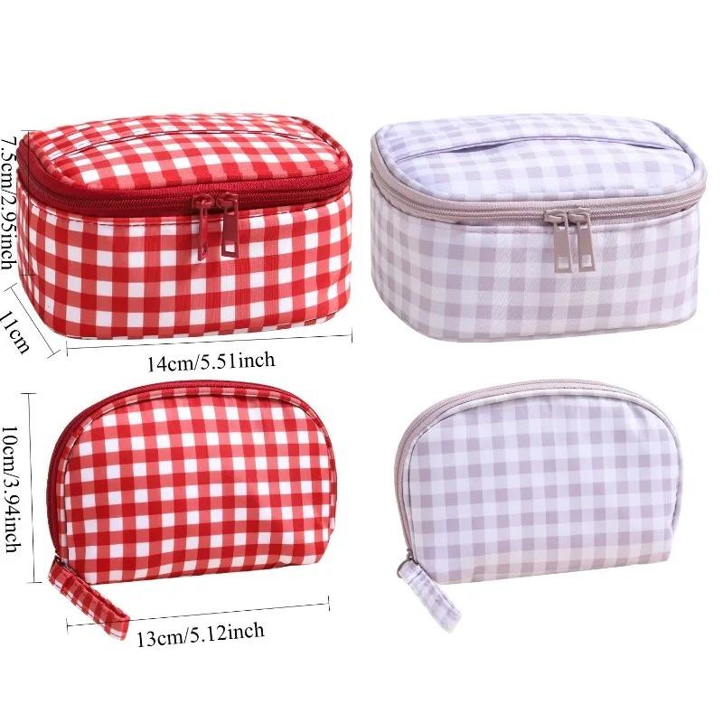 Cute Red Purple Plaid Handbag for Women, Portable Travel Makeup Pouch, Small Large Toiletry Cosmetic Bag with Zipper