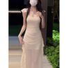 New French Pure Desire Feifei Sleeve Mesh Dress Waist Skinny Medium and Long Dress Pure Desire Wind Split Spice Girl Skirt