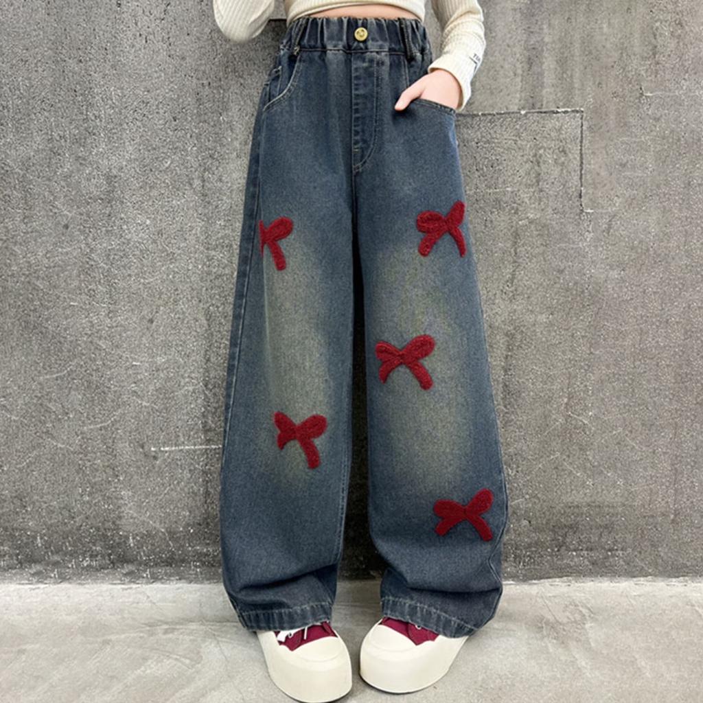 Girls High Waist Denim Wide Leg Pants with for Casual Everyday Wear