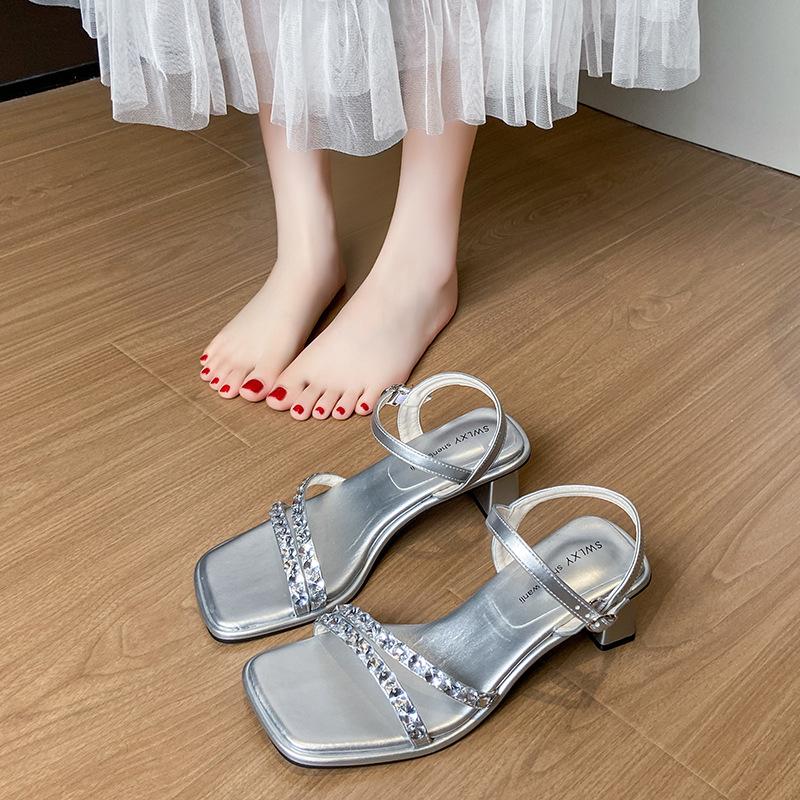 High-heeled rhinestone sandals women's summer new thick heel temperament with skirt sandals