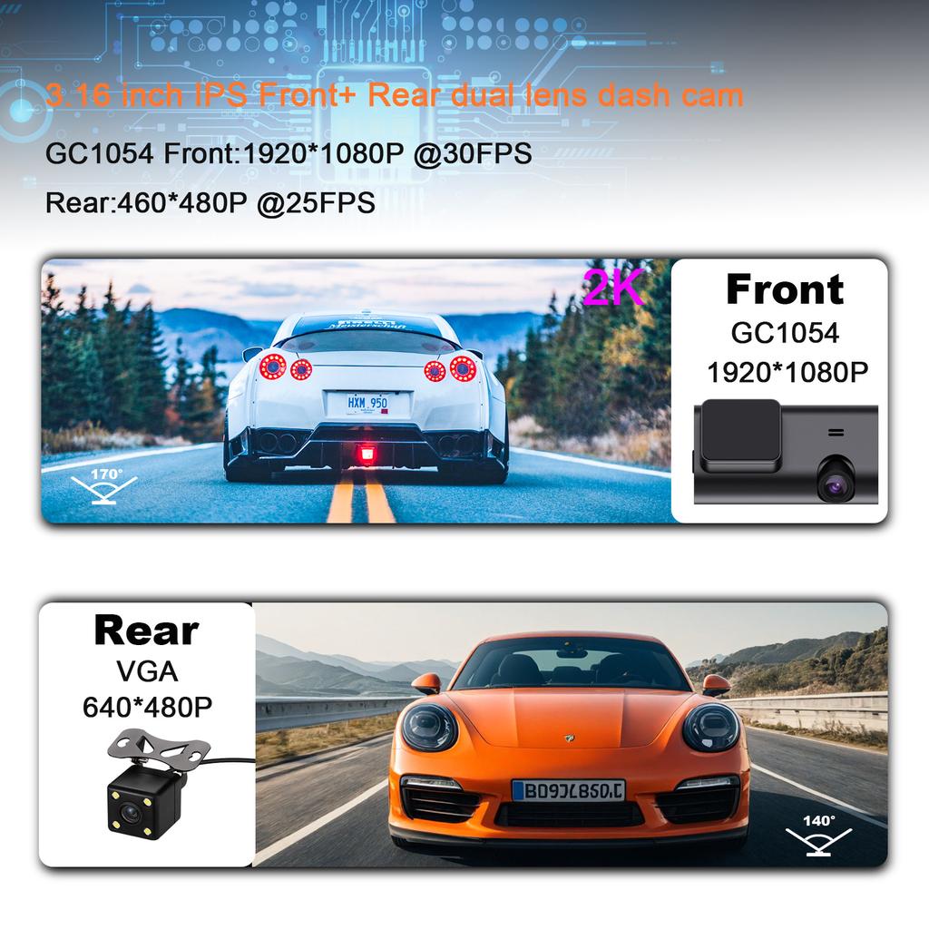 3.16inches IPS WiFi Dual lens Dashcam Car Camera front rear Night Vision Recording Loop Dash Recorder Vehicle Accessories