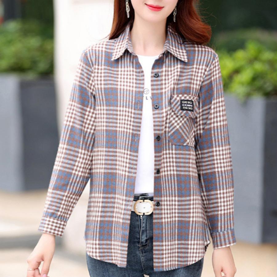 Kariertes Langarm-Baumwollhemd für Damen Modische Mutter mittleren Alters Frühling Sommer Trendig Lässige Karoblusen Oberteil