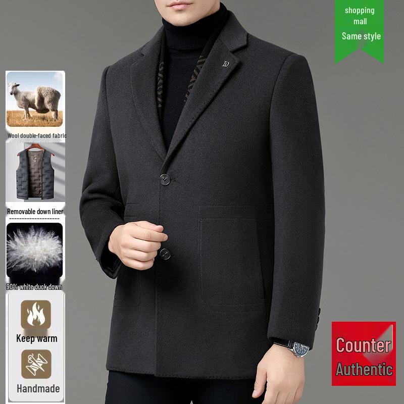 Men's Luxury Double-Faced Cashmere Coat with Down Liner - Warm Winter Wool Outerwear for Business and Middle-Aged Styles