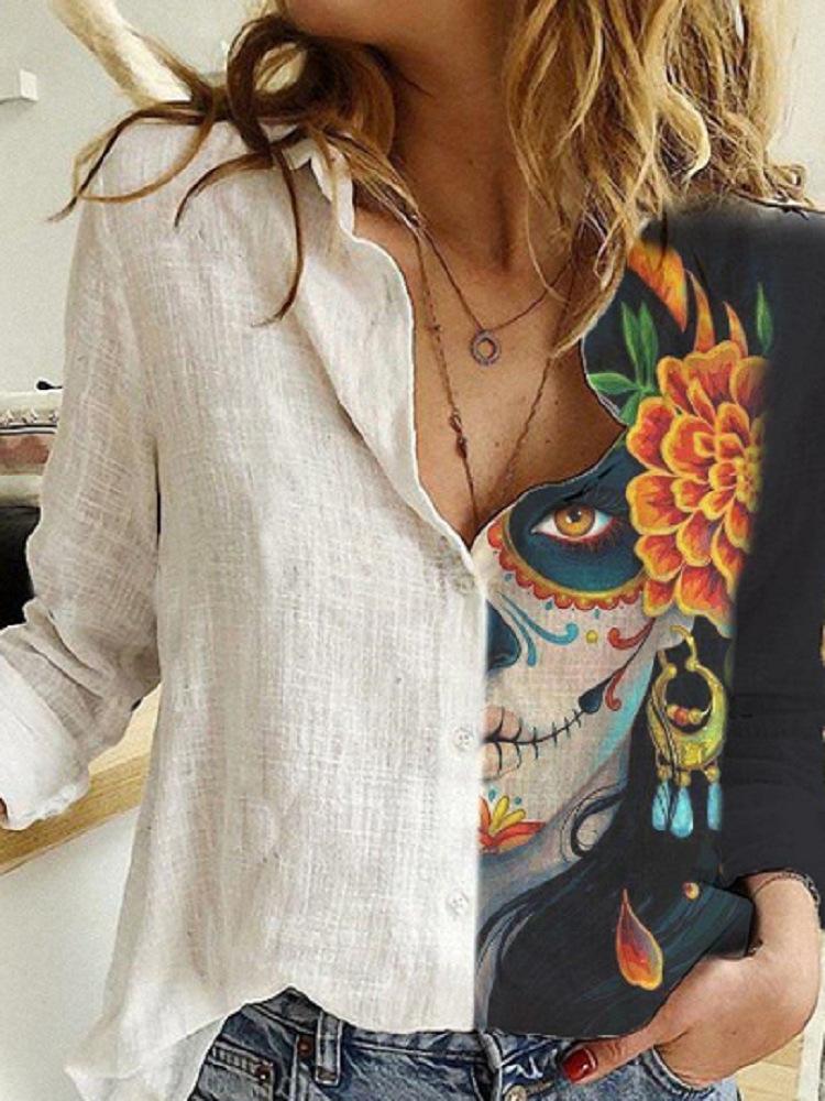 Fashion Stitching Retro Face Print Long Sleeve Blouse Women Lapel Button Casual Top Lady Shirts