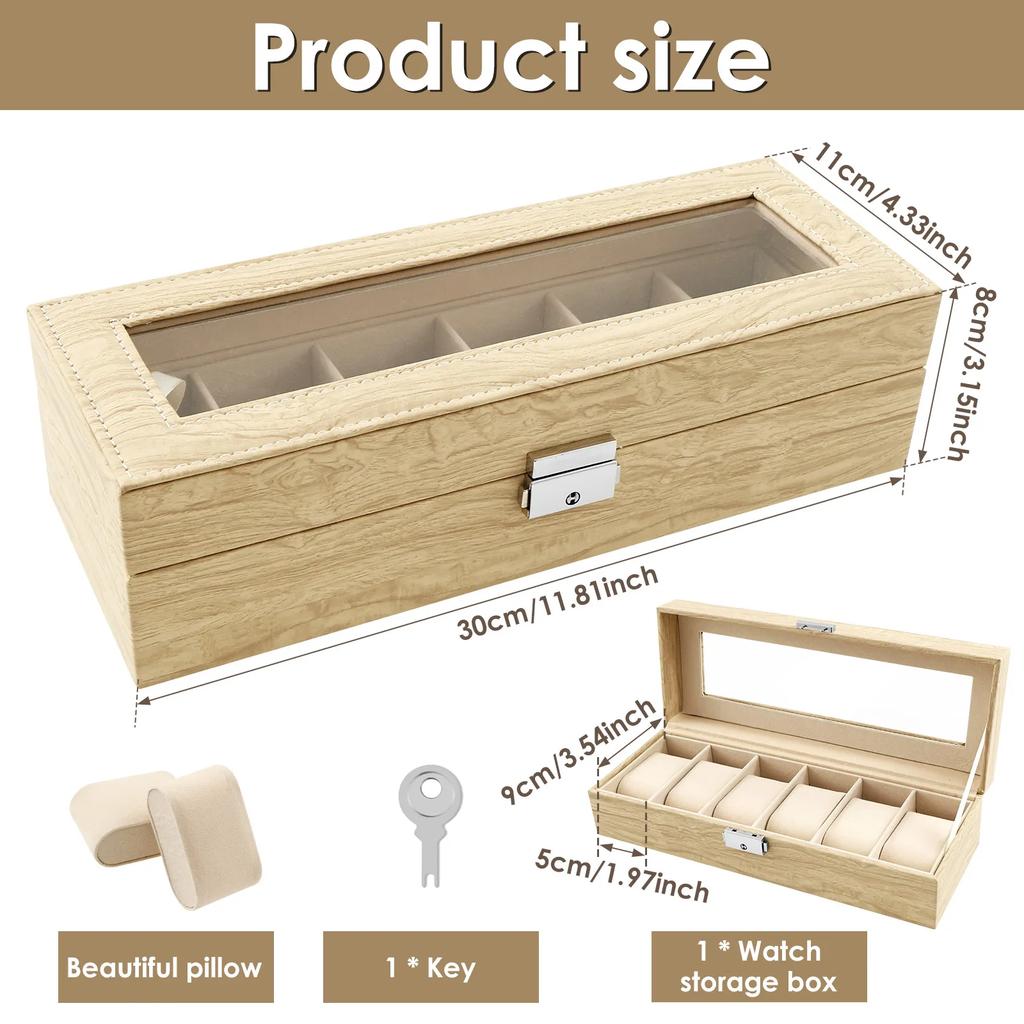 6 Slot PU Leather Watch Box with Keys and Locks Transparent Glass Lid Removable Watch Pillows Organizer Jewelry Display Box