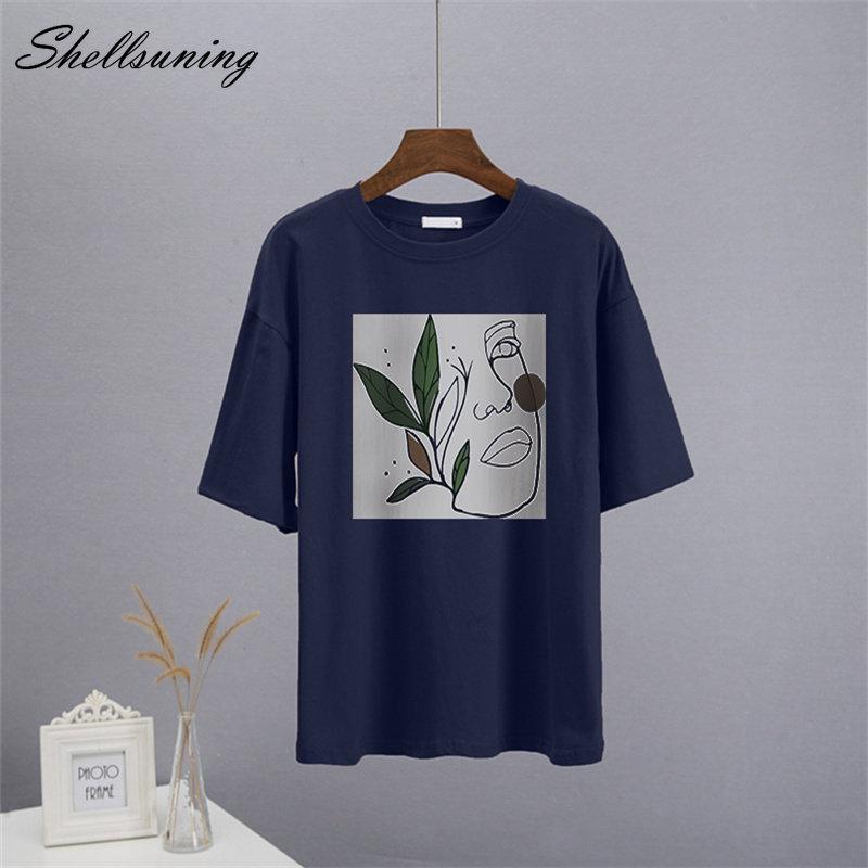 Shellsuning Abstract Character Graphic T Shirts Women Summer Soft Cotton Short Sleeve Tees Female Harajuku Chic Streetwear Tops