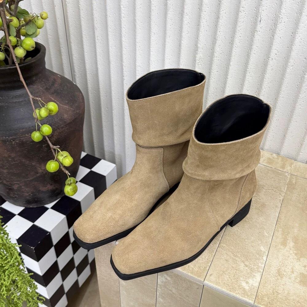 

Sheepskin version Korean leather square head retro stacking boots women s thick heel short boots small Martin boots western cowboy boots 40