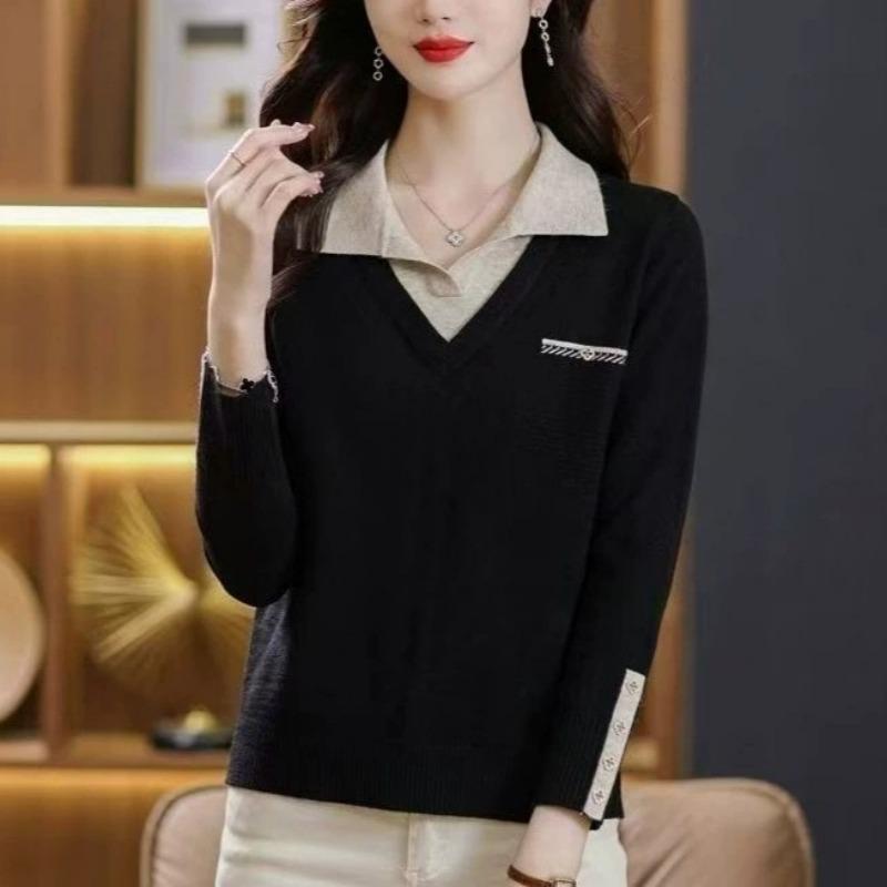 

Knitted sweater autumn and winter fake two fashion sweater women s lapel autumn and winter new loose knitted bottoming top One size чёрный