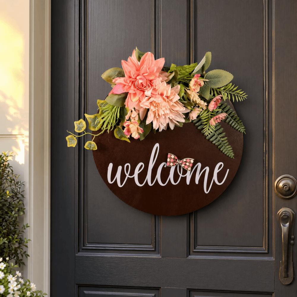 Pink Flower Arrangement Welcome Sign with Flowers Front Door Welcome Sign Porch Hanging Decor