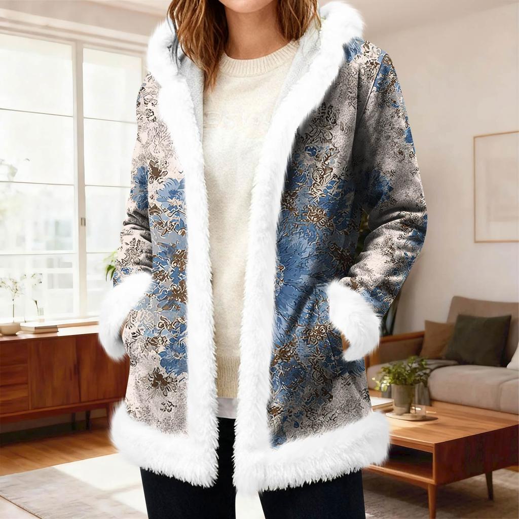 Lässiger Damen-Fleece-Kapuzen-Cardigan mit Taschen Warme Oberbekleidung
