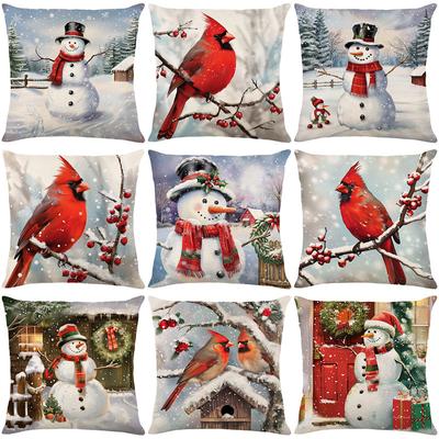 Christmas Snowman Pillow Cover Winter Bird Series Linen Printed Sofa Pillow Cover Bedroom Cushion