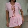 Summer Women short sleeve crop top and shorts 2 Piece Set Pajamas female casual slim Hollow lace up Sleepwear pink Cardigan Pyamas Set homewear