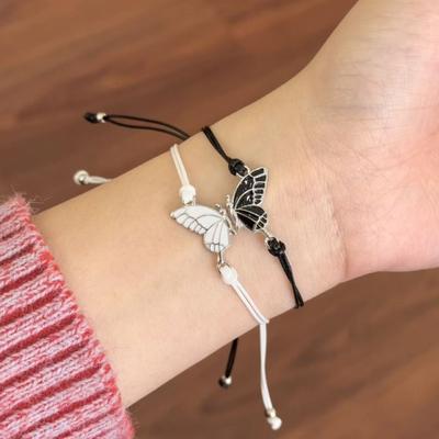 2Pcs/Set Couple Bracelet Adjustable Wax Rope Butterflies Pendant Friendship Love Bracelet with Blessing Card Bestie Matching Jewelry
