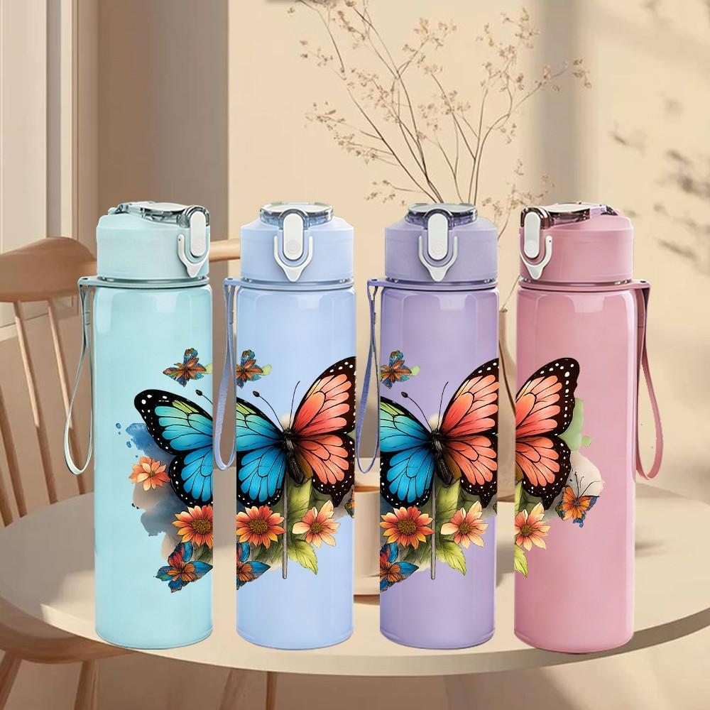 1PC Colorful Butterfly Art 750ml Color Plastic Sports Water Bottle Leakproof Flip Straw Lid Suitable for Sports Office Home Use