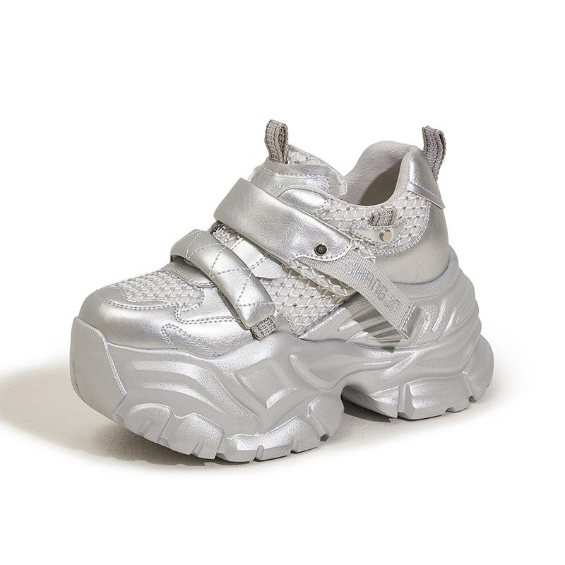 Thick-soled Dad Shoes Women's 2025 Spring New Rhinestone Velcro Inner Height-increasing Women's Shoes Versatile Sports and Leisure Shoes