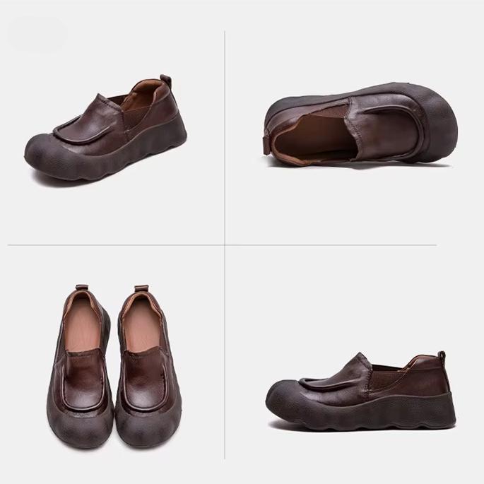 Johnature Genuine Leather Loafers Retro Round Toe Thick Soled Versatile Slip-on Women's Flat Shoes