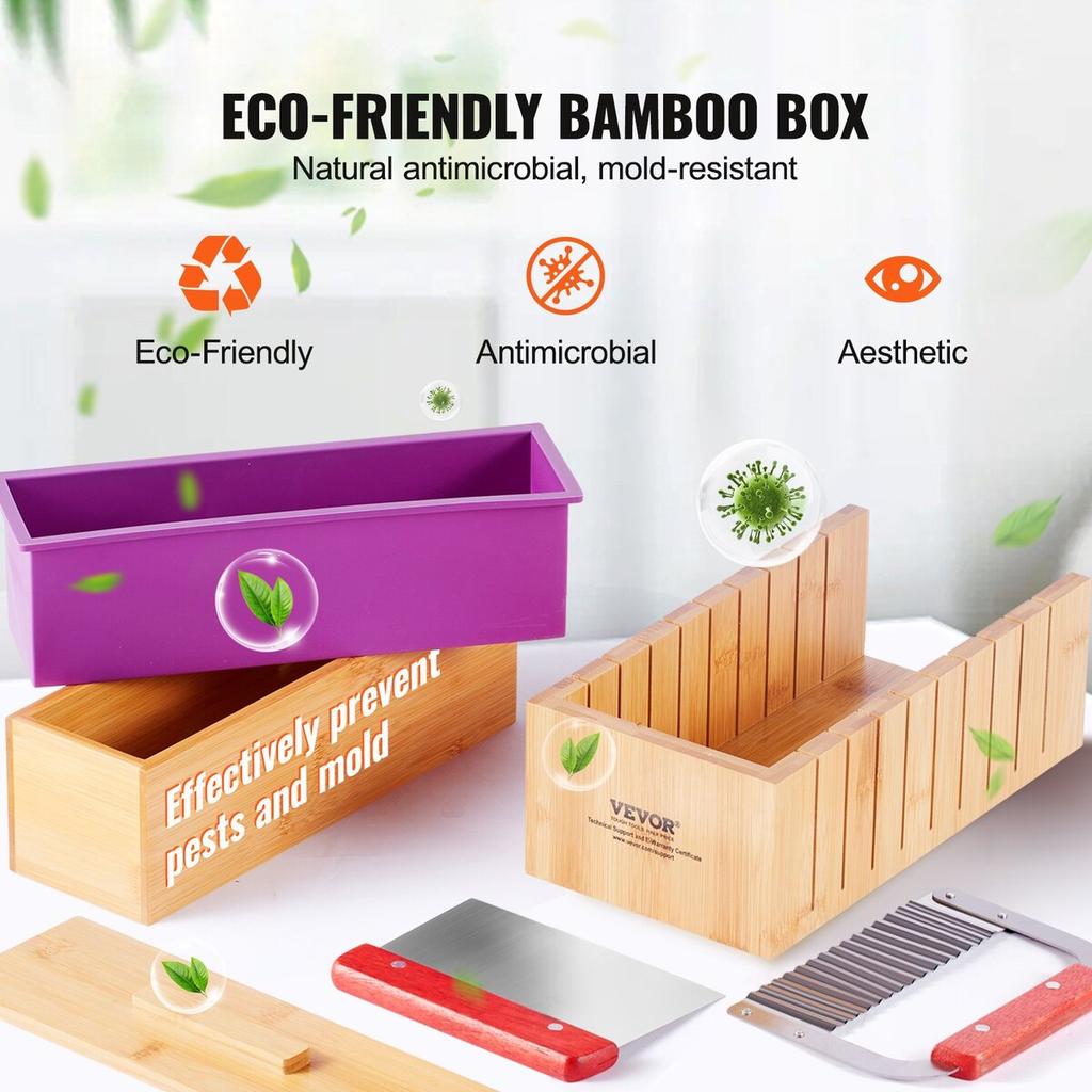 Soap Making Kit, Bamboo Cutting Box and Inner Box with Silicone Mold, Stainless Steel Straight Cutter and Wavy Cutter, 100 Bags and 105 Stickers, Soap