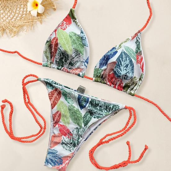 

2 шт./компл. летний пляжный комплект бикини с цветными блоками, женский купальник с бретелькой на шее и открытой спиной, на шнуровке, с принтом в виде листьев, трехточечный женский купальник
