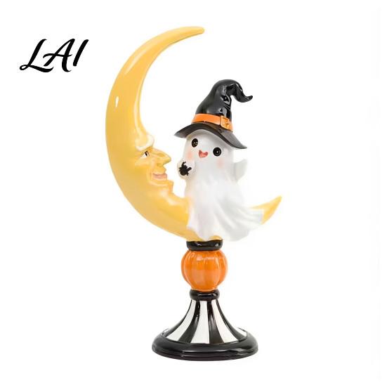 Halloween Gift for Friends Ghost And Moon Resin Ornaments Cute Spooky Tabletop Figurine Desktop Decorations Statue with Pumpkin Elements Home Office