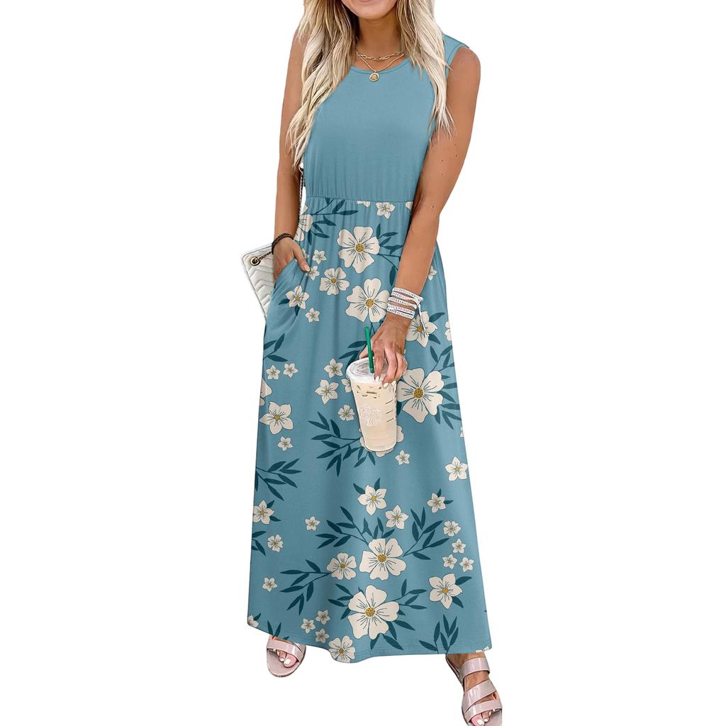 Ladies' Floral Print Casual And Fashionable Waist Cinched Sleeveless Dress