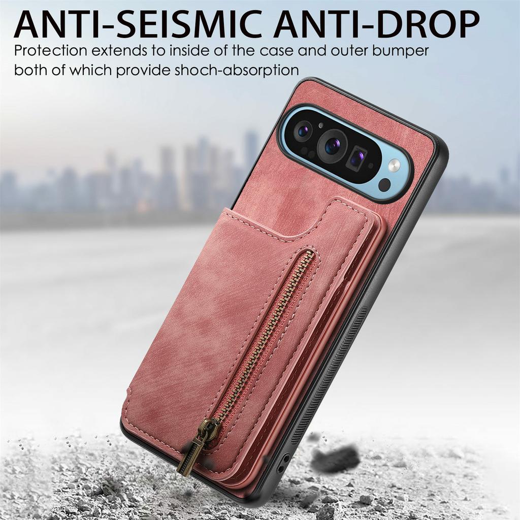 For Google Pixel 9 Pro XL Case with Card Holder Retro Leather+TPU Zipper Phone Cover