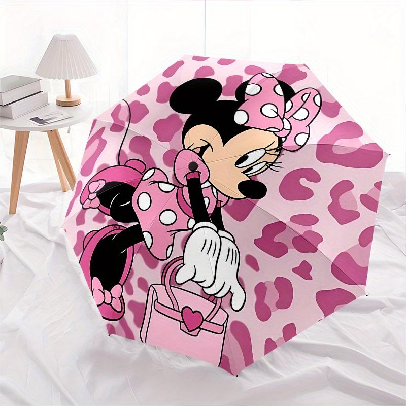 Disney Minnie Mouse,Pink Polka Dots,Leopard Print Manual Opening and Closing Umbrella, 8-Rib Reinforced Folding Design, Lightweight