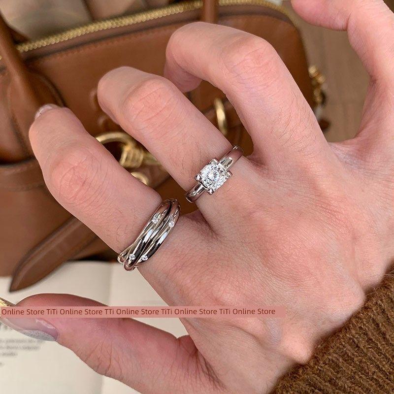 

Twin Super Flash Bull Head Square Diamond Ring Female New Arrival Three Ring Index Finger Ring Stylish Hand Jewelry Accessible Luxury Classy Ring Suit cost performance