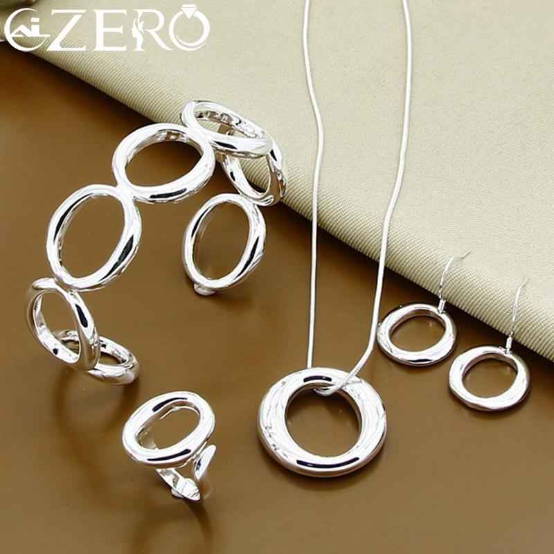 ALIZERO 925 Silver Round Circle O Bracelets Necklace Earrings Rings for Women Wedding Party Gift Jewelry 4Pcs Set