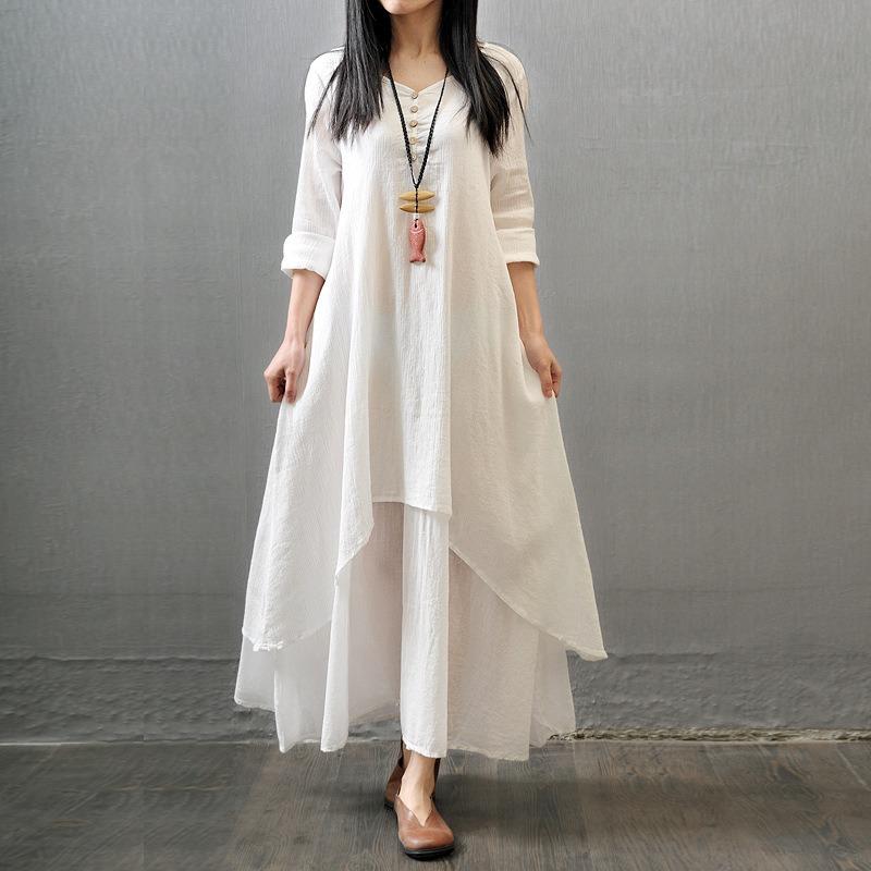 Loose Sleeved Cotton Linen Long Dress