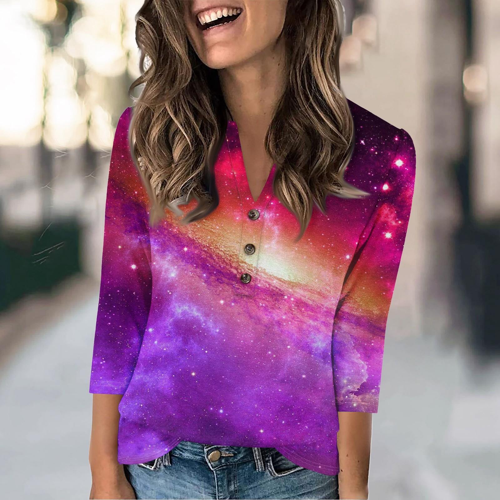 

Женская модная повседневная футболка с винтажным принтом звезд, V-образным вырезом и рукавом семь четвертей на пуговицах XL винный