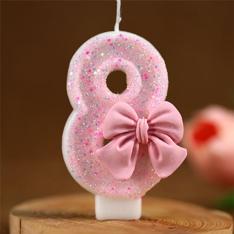 M-Modern-Number Cake Decorating Candles Cute Pink Bow Baby Girl Birthday Cake Topper Decoration Party Supplies 0-9 Digital Candl