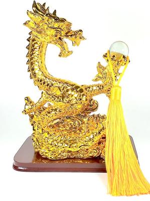 Rising Dragon Gold Figurine with Crystal Ball Good Luck Strong Luck