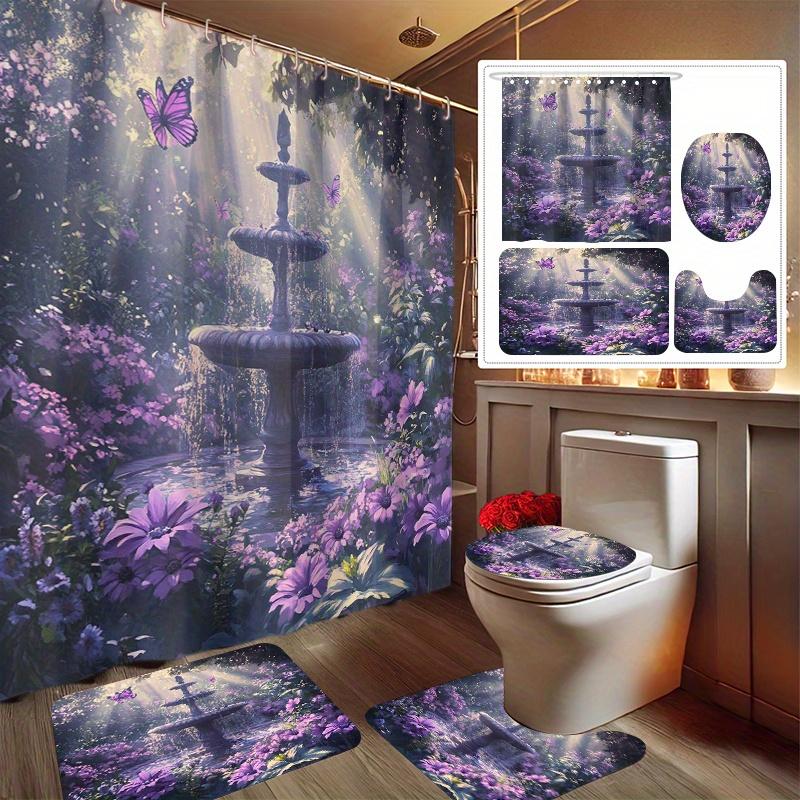 

4pcs Festive Garden Print Shower Curtain Set, Decorative Bathroom Set Includes Shower Curtain, Non-Slip Floor Mat, Toilet Seat 90x180cm